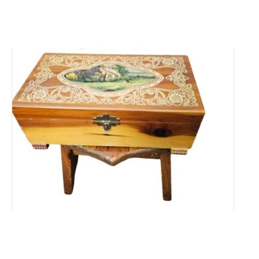 Wooden Footed Mirrored Latch Box 10.5" x 6" x 3.5" H Hand Carved Cedar Jewelry B
